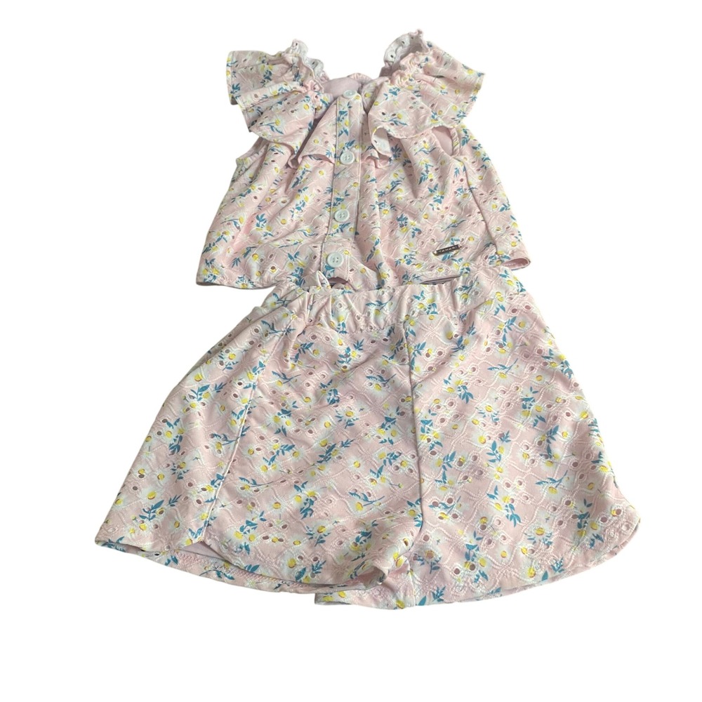 Tahari Shorts Set Kids Pink Floral‎ Eyelet Ruffle Tie Front SIZE 5